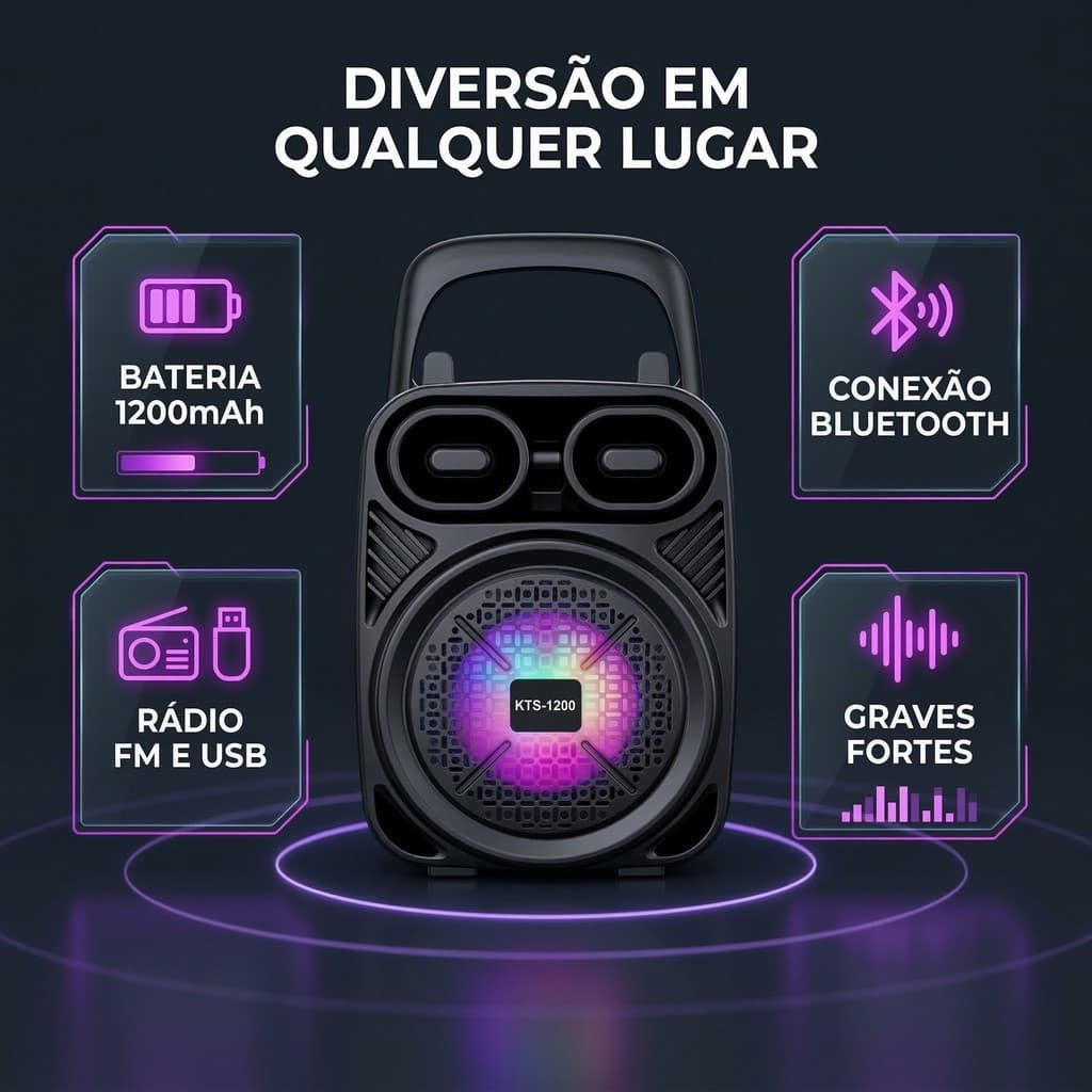 Caixa de Som Bluetooth Potente LED RGB com Suporte de Celular - Portátil USB Rádio FM (KTS-1195)