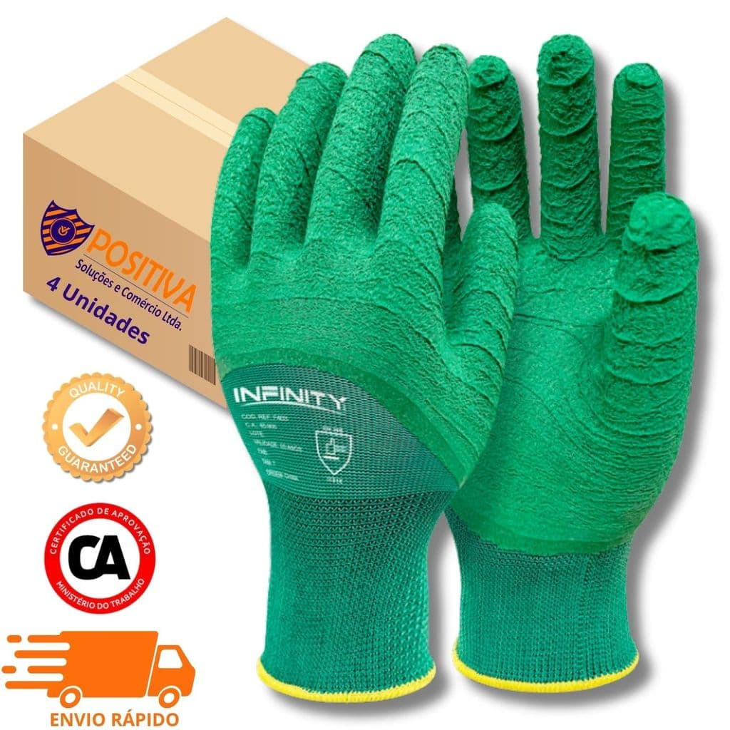 Kit 4 Pares Luva de Segurança Látex Corrugada Poliamida Antiderrapante EPI Pedreiro Construção CA