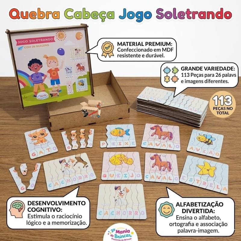 Quebra cabeça Soletrando 113 Peças Em Madeira MDF Brinquedo Educativo e Pedagógico Alfabetização