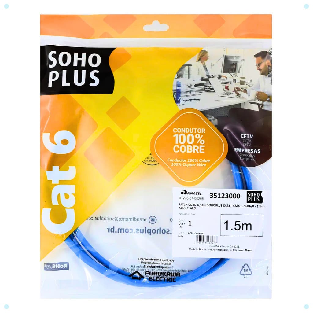 Patch Cord Furukawa SohoPlus Cat6 U/UTP CMX 1,5m Azul Claro Cabo de Rede Ethernet RJ45