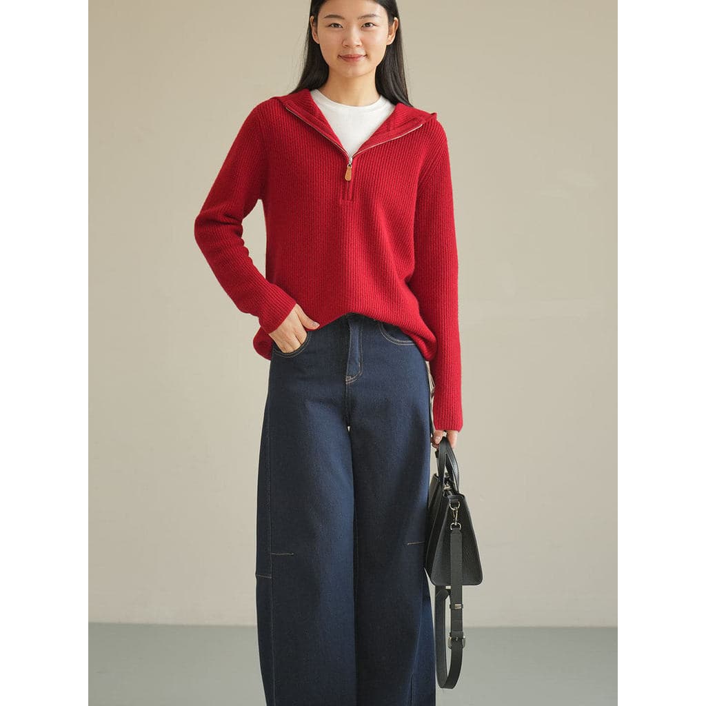 Suéter feminino com capuz vermelho grande de lã + caxemira estilo ano novo, gola meio aberta, manga comprida