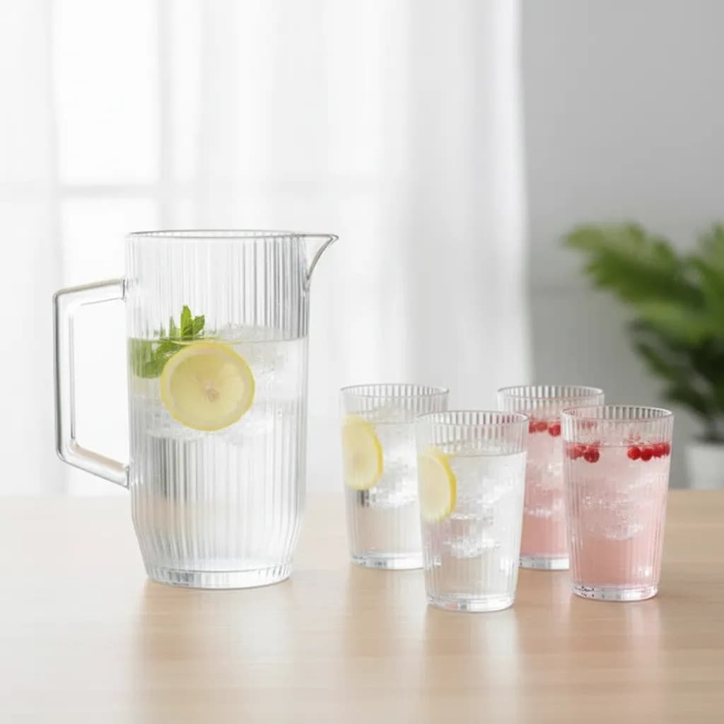 Kit Hauskraft: Jarra Vidro Canelada 1,2l + 6 Copos Altos Transparentes 370ml