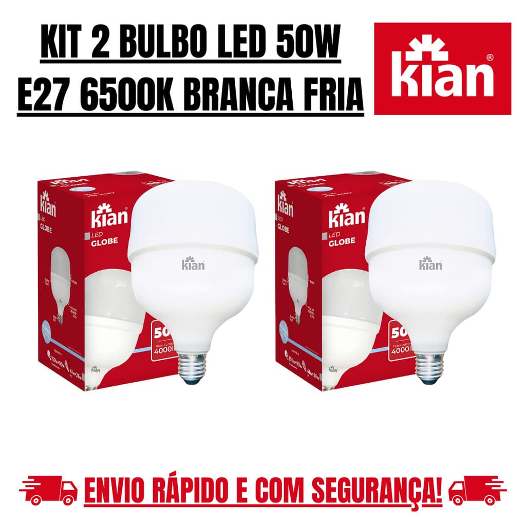 Kit 2 Lâmpada Bulbo Led 50w Branca Fria 6500k E27 Kian