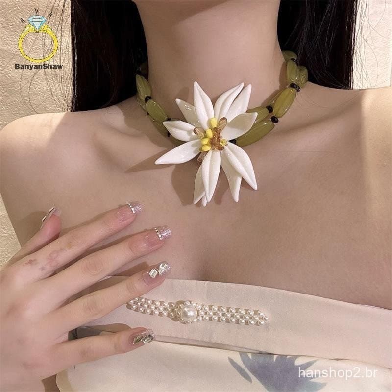 [BANY] Exagerado Grande Flor Branca Verde Bambu Colar Brincos Pulseira Para Mulheres Meninas Estilo Chinês Moda Resina J