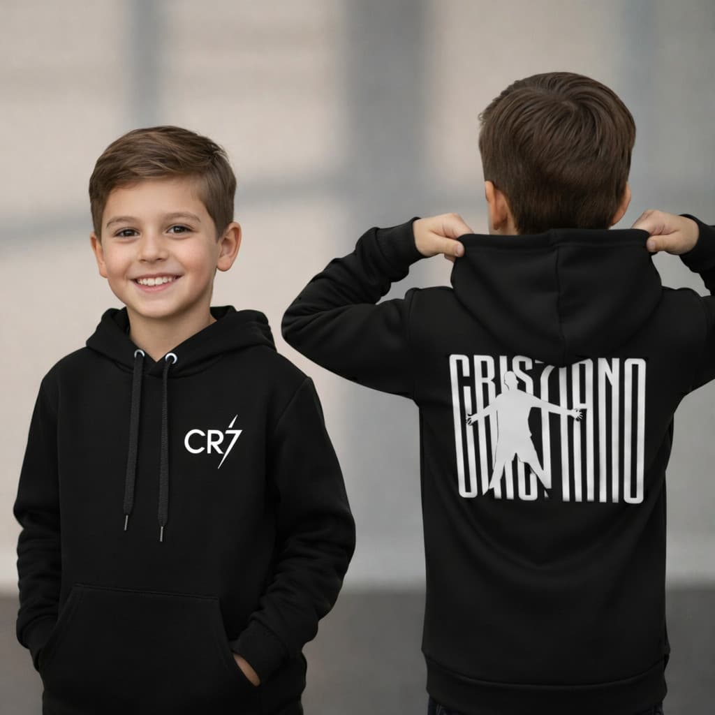 Moletom Infantil CR7 Cristiano Ronaldo Futebol Canguru com Capuz Flanelado Quentinho Inverno Menino Mulekada Copa Cris
