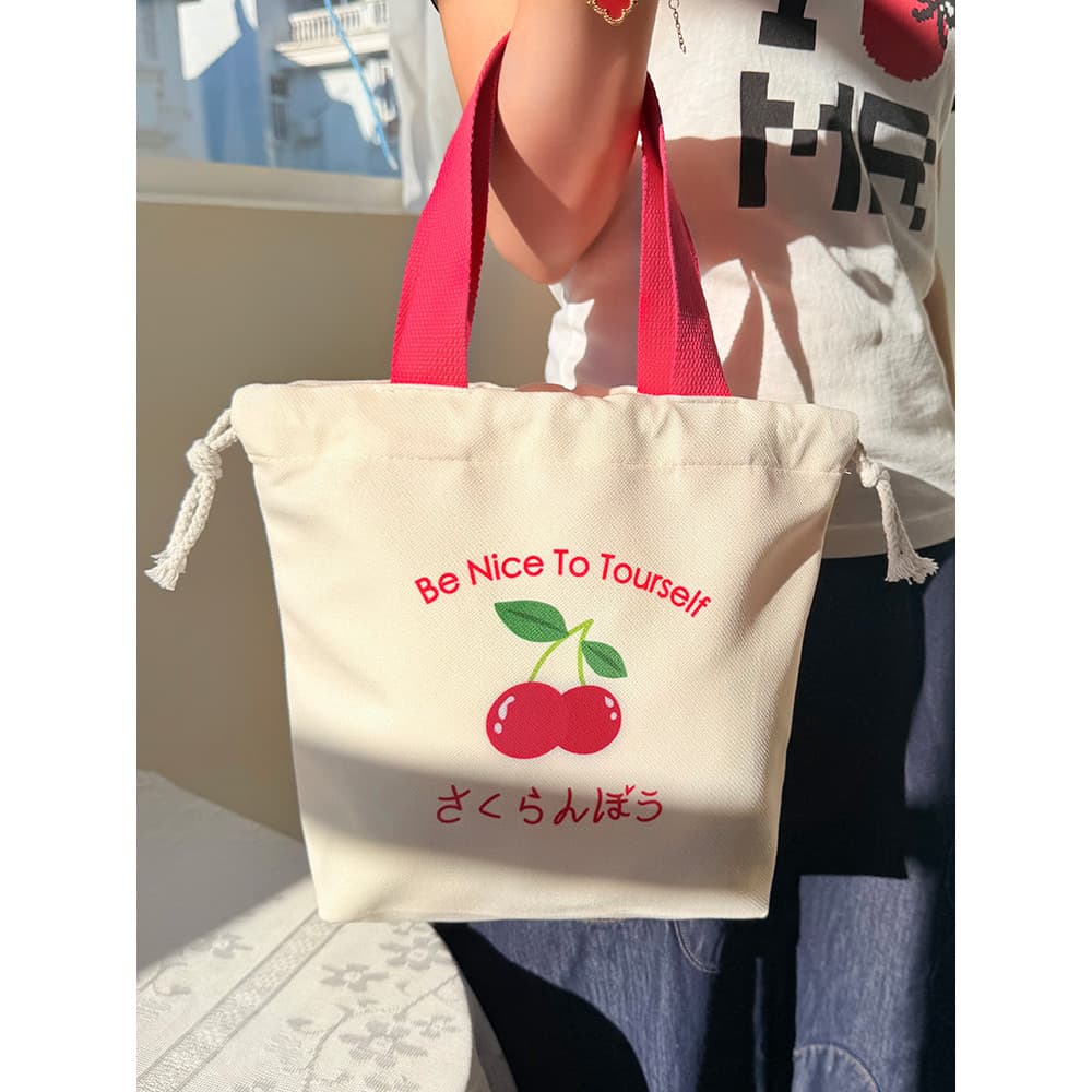 Bonito cereja impresso bolsa de lona feminina portátil sacola grande capacidade estudante Commuter almoço saco literário