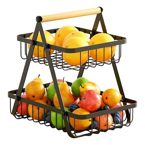 Fruteira 2 Andares De Mesa 33cm X20cm X 30cm preta e madeira