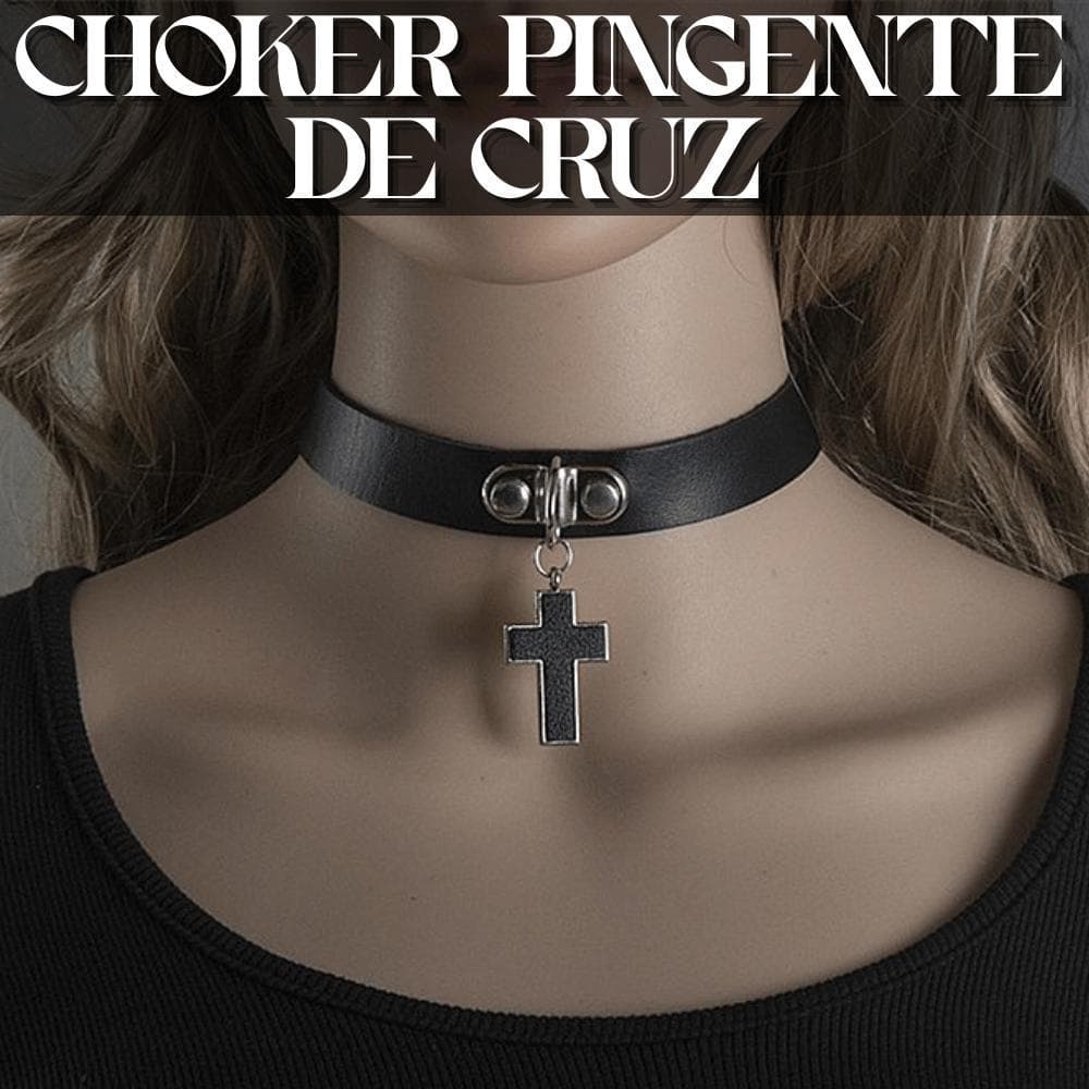 Gargantilha Cruz Couro Colar Coleira Pingente Choker Gótica Moda Alternativa Punk