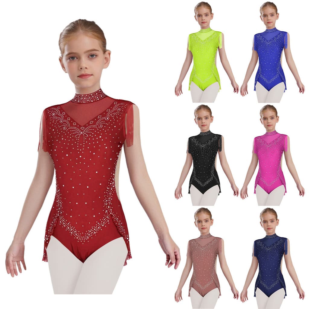 Crianças Meninas Espumante Strass Dança Collant Mock Pescoço Sem Mangas Invisível Zíper Volta Pura Malha Retalhos Borla