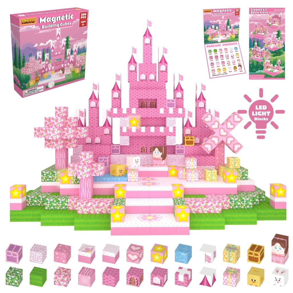 Conjunto De Construção Magnética De Castelo Rosa Fofo De 200 Peças Com 3 Blocos De Luz LED Tema De Princesa Brinquedo Ed