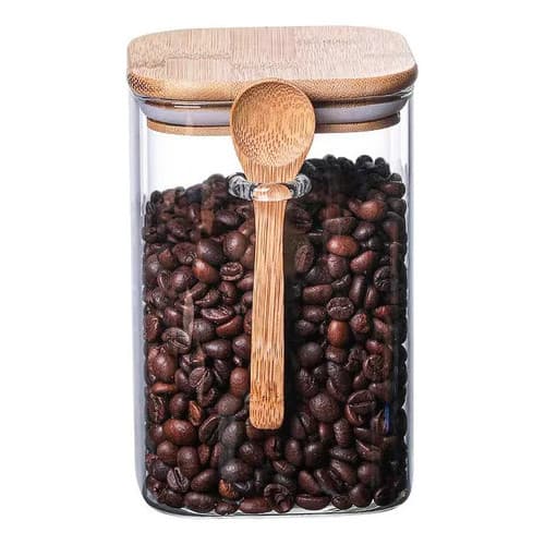 Pote De Vidro Quadrado Tampa Bambu Hermético C/colher 1000ml
