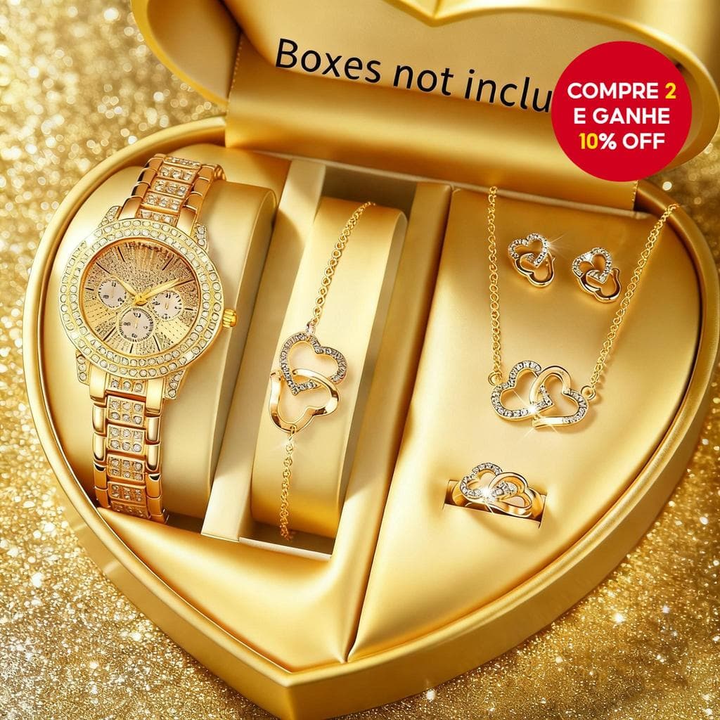 6 peças conjunto de relógio de quartzo com pulseira de liga em forma de coração, strass, moda feminina, luxo, presente