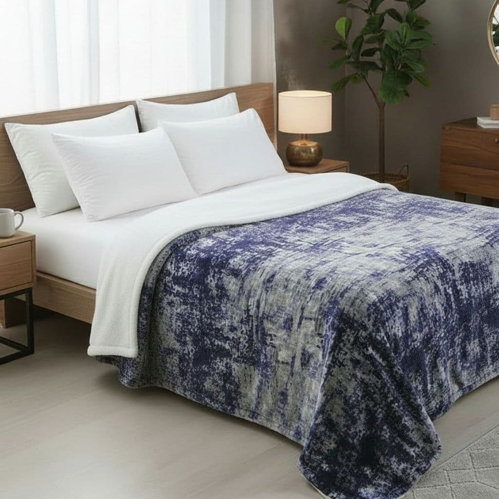 Cobertor Casal Dupla Face com Sherpa Estampado Azul 1,80x2,20m Antialérgico Jolitex
