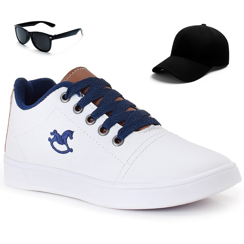 Kit Tênis Infantil Menino Casual Branco + Boné + Óculos Infantil Henry Kids