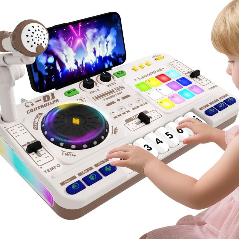 Mesa DJ Infantil Musical Bluetooth Piano Eletrônico Recarregável com Luzes e Microfone Educativo