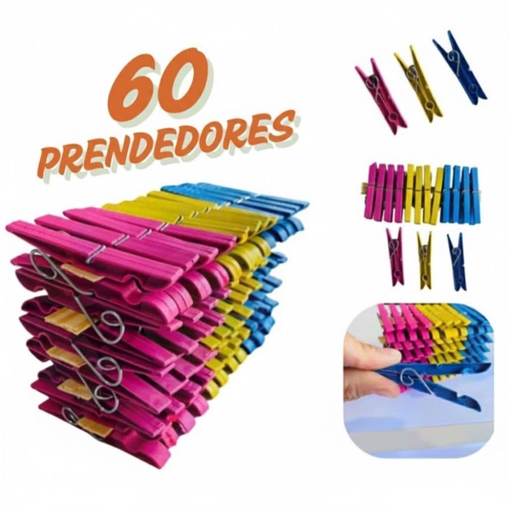 Kit com 60 / 48 / 36 / 24 / 12 Pregadores de Roupa Plástico Reforçado C/ Cores Sortidas Prendedor