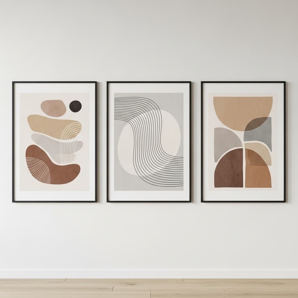 Trio de Quadros Decorativos Abstratos para Sala - Design Moderno e Neutro Premium