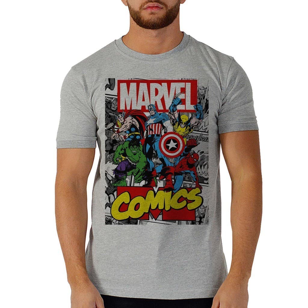 Camiseta Masculina Estampada Cinza Personagens Quadrinho Marvel Clássico Thor Hulk Herói Homem Aranha Capitão América