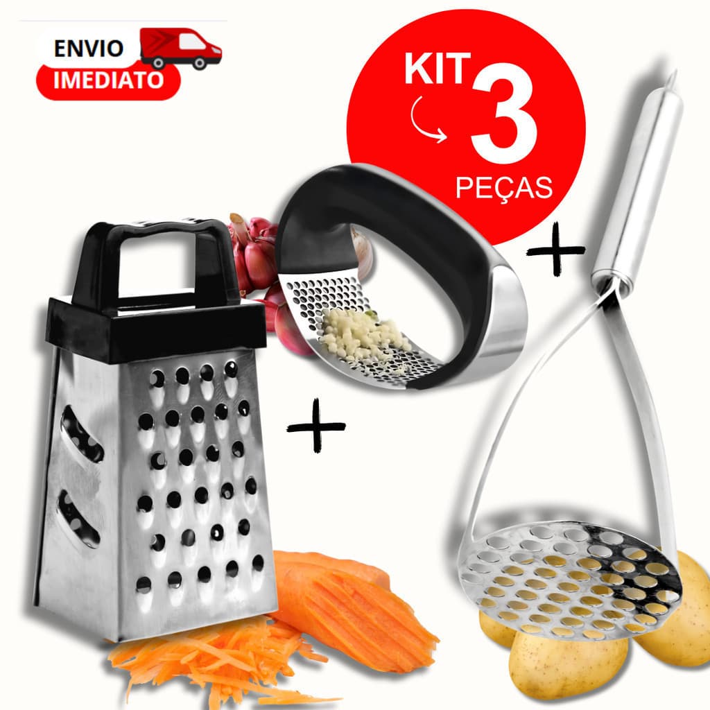 Kit 3 Peças Aço Inox Espremedor Triturador de Alho Cabo Preto Ralador 4 Faces Amassador de Batata