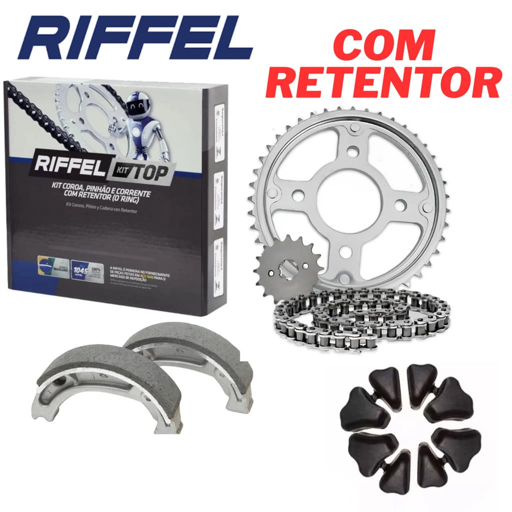 KIT RELAÇÃO TRANSMISSÃO COM RETENTOR  ORIGINAL RIFFEL TITAN 160 START FAN 160 + Coxim Da Coroa + Patins De Freio