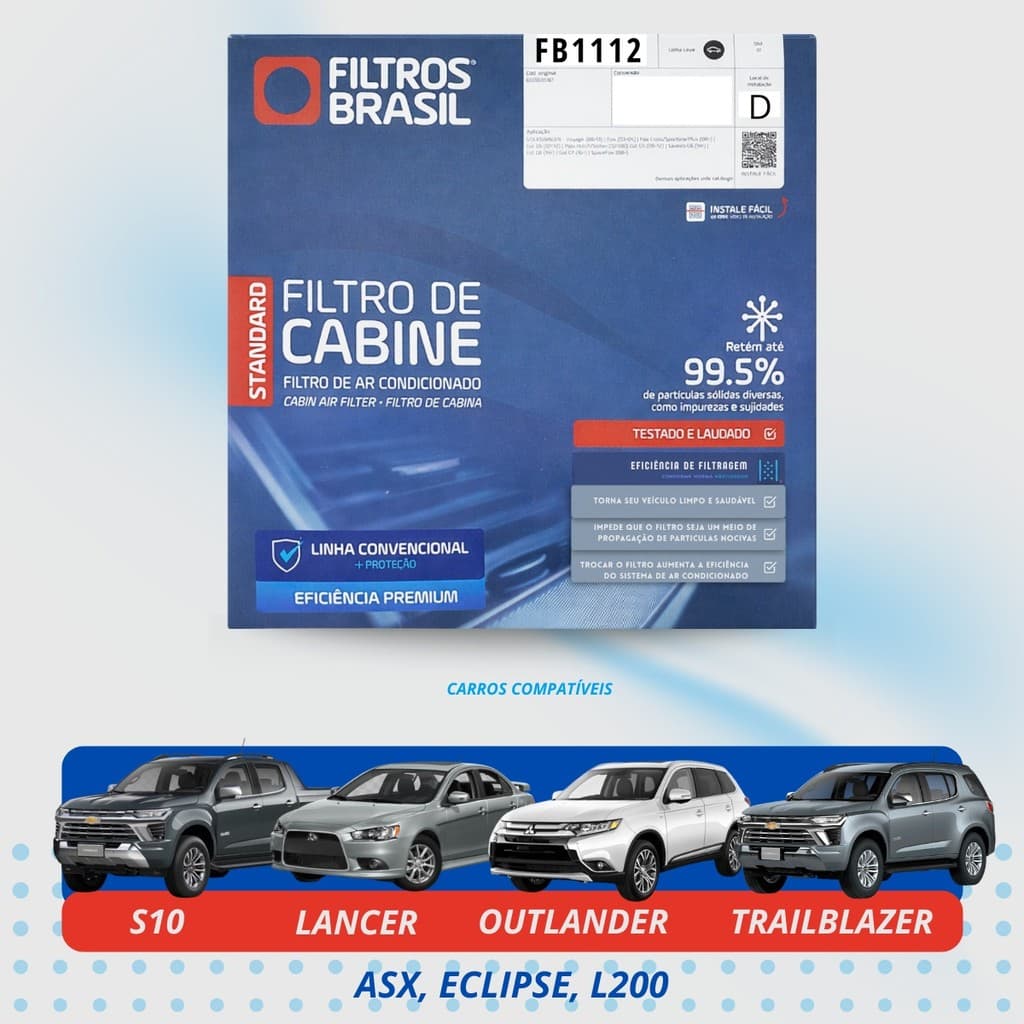Filtro de Cabine Ar Condicionado FB1112 ACP843 ACP816 Compatível S10, Trailblazer, Lancer Outlander