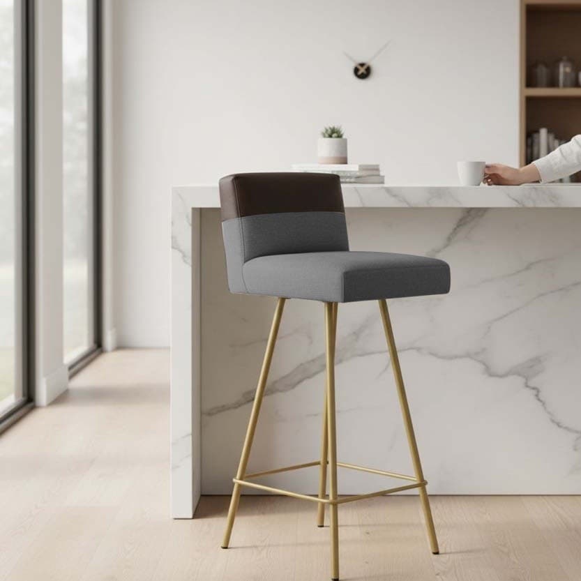 Banqueta Valen Duo Moderna Ferro Dourado  Estofado Suede Linho Cinza / Marrom