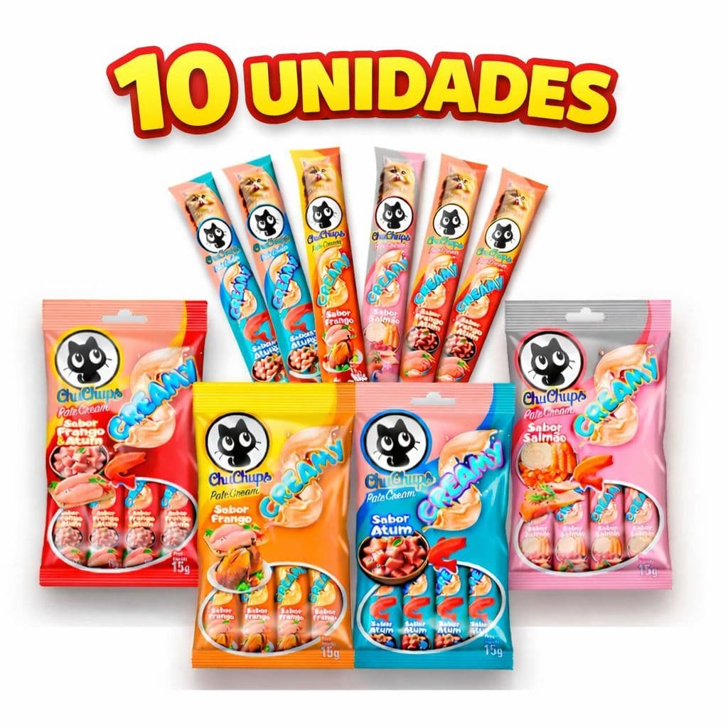kit 5 uni e 10 uni Petisco Cremoso Chuchups Para Cães e Gatos – 4 Sabores