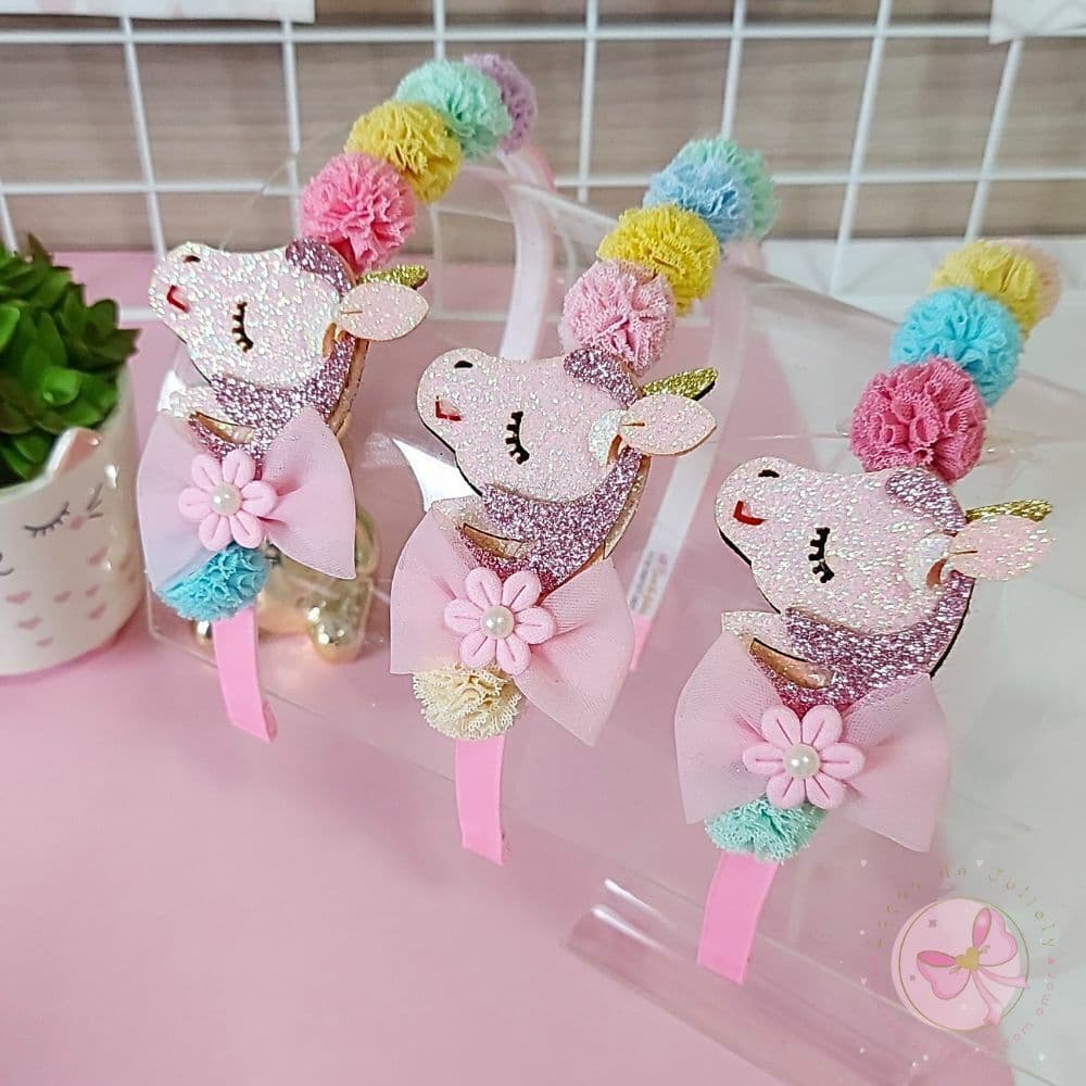 Tiara de Unicórnio com Glitter e Pompom Infantil Flexível com Dentinhos a partir de 18 Meses