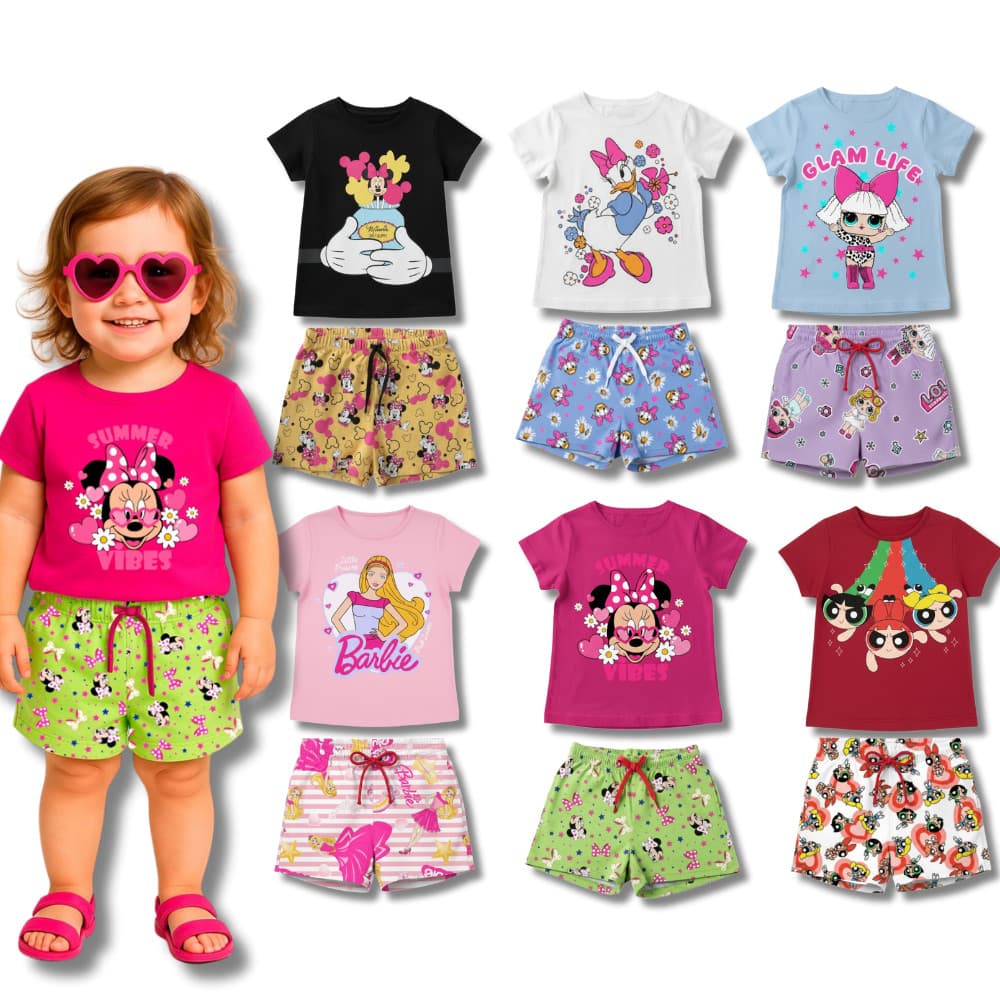 Kit Sortido 6 ou 10 Peças Verão Estampado Feminino/Menina Blusas + Shorts Infantil