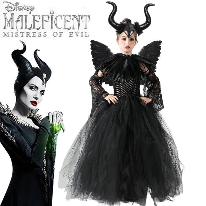 Disney Halloween Fantasia Malévola Tutu Vestido Para Meninas Cosplay Mau Rainha Preto Malha De Princesa Kids Crow Wand M