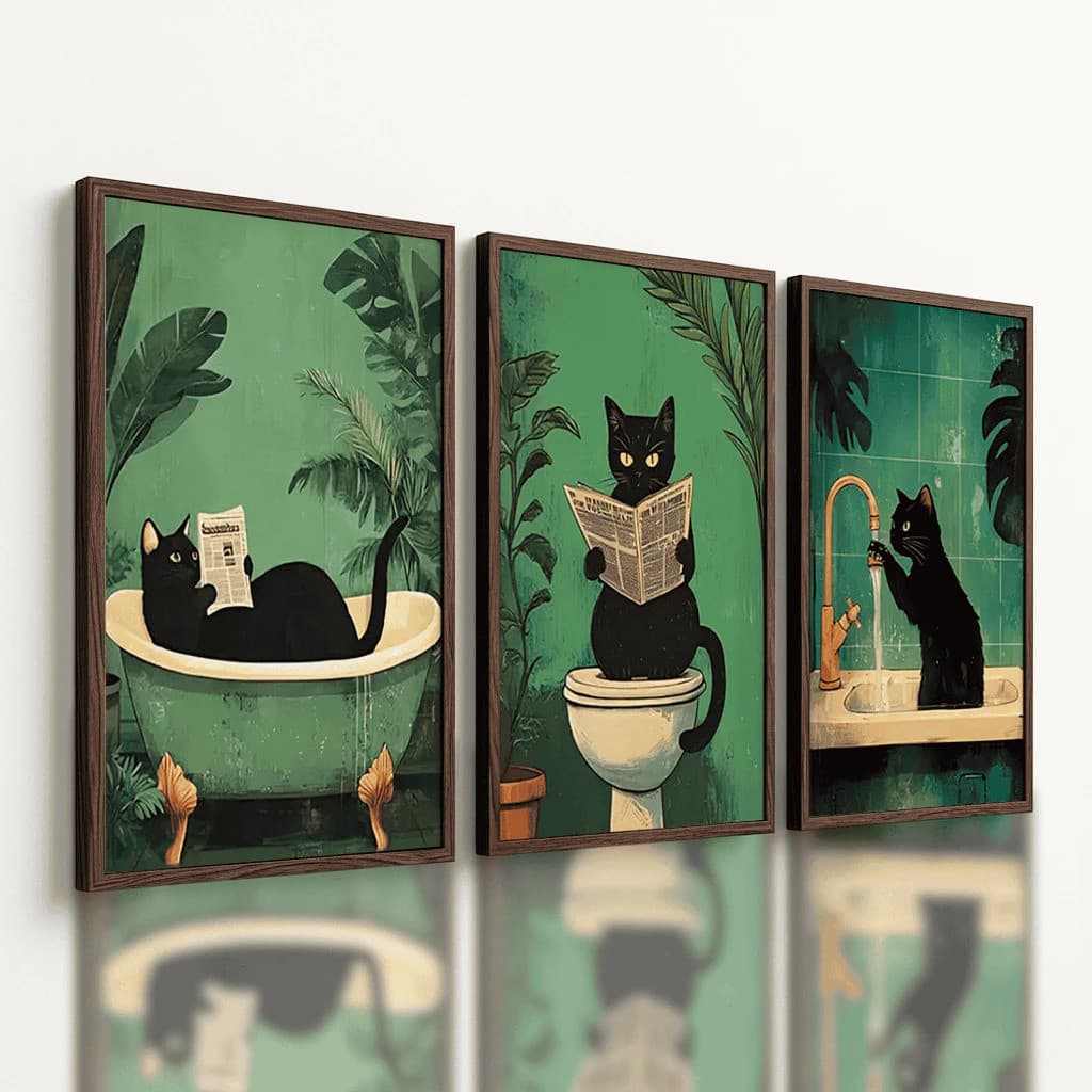 KIT 3 Quadro  Decorativo Estética de Banheiro Infantil Quadros Decorativos Com Tema de Gato Cartoon