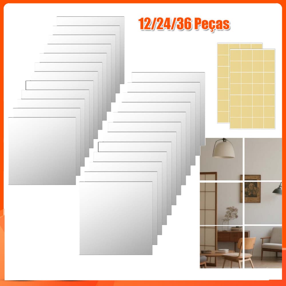 30x30x0.2cm 12/24/36pçs Espelho autoadesivo azulejos de espelho folhas de  Quadrado adesivos de parede sem moldura