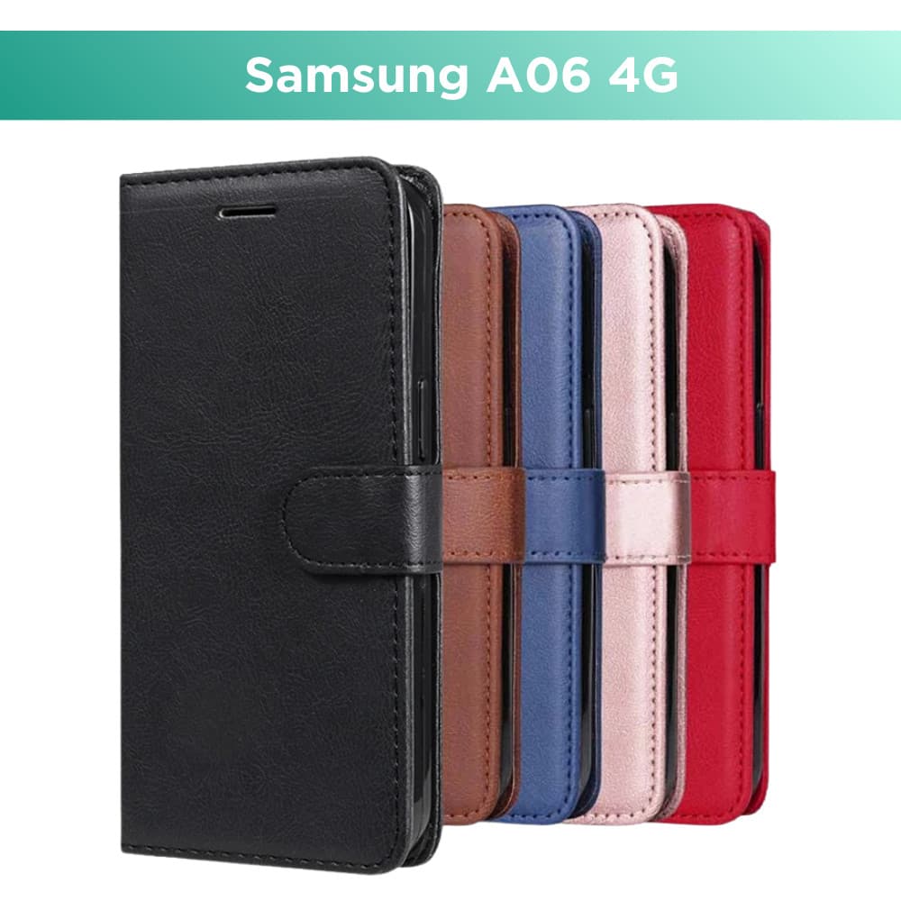 Kit Capa Carteira P/ Samsung Galaxy A06 - Couro Sintético Case Capinha e Película 3D Vidro/Hidrogel