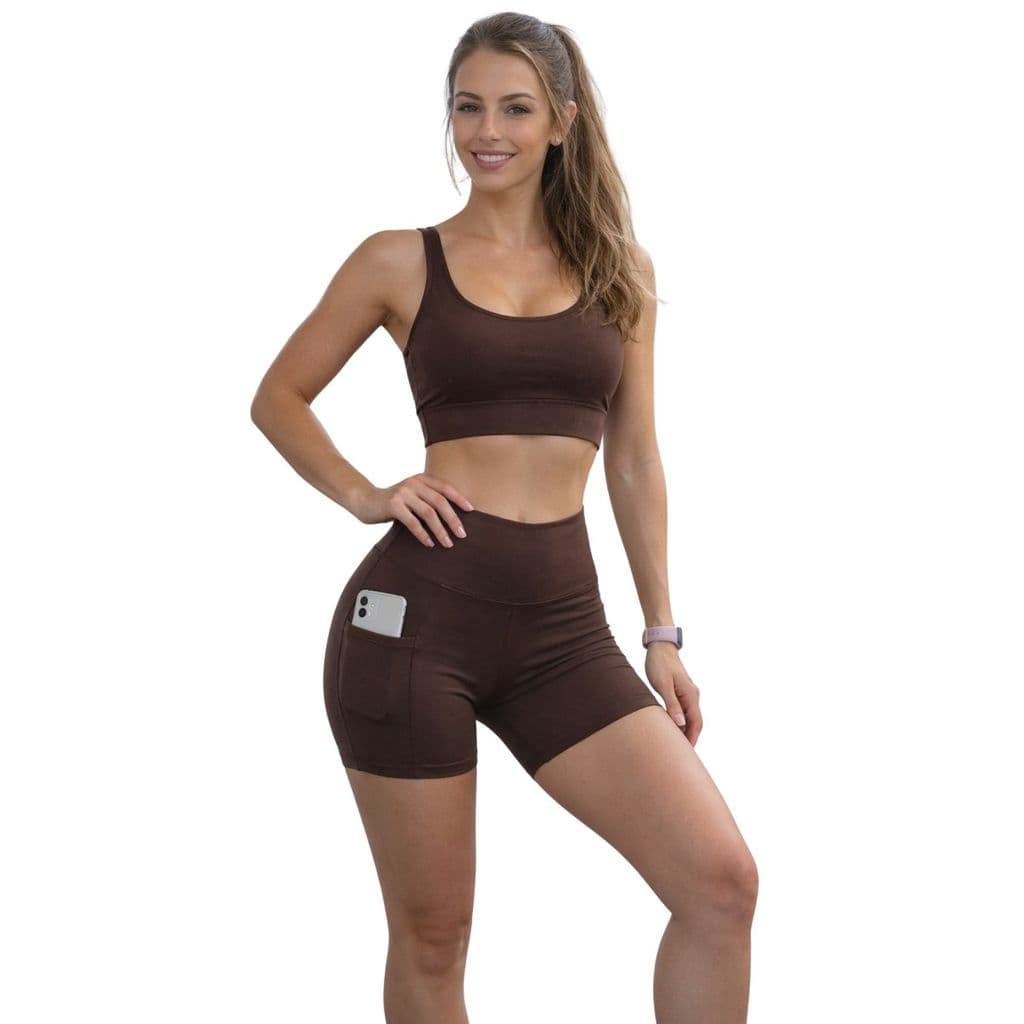 Conjunto Fitness Top Shorts Meia Coxa Cintura Alta Marrom