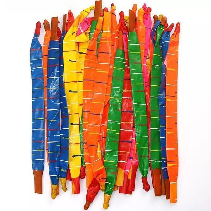 50/100 balões de látex longos, coloridos e que fazem som, adequados para decorações de festas de aniversário infantis.