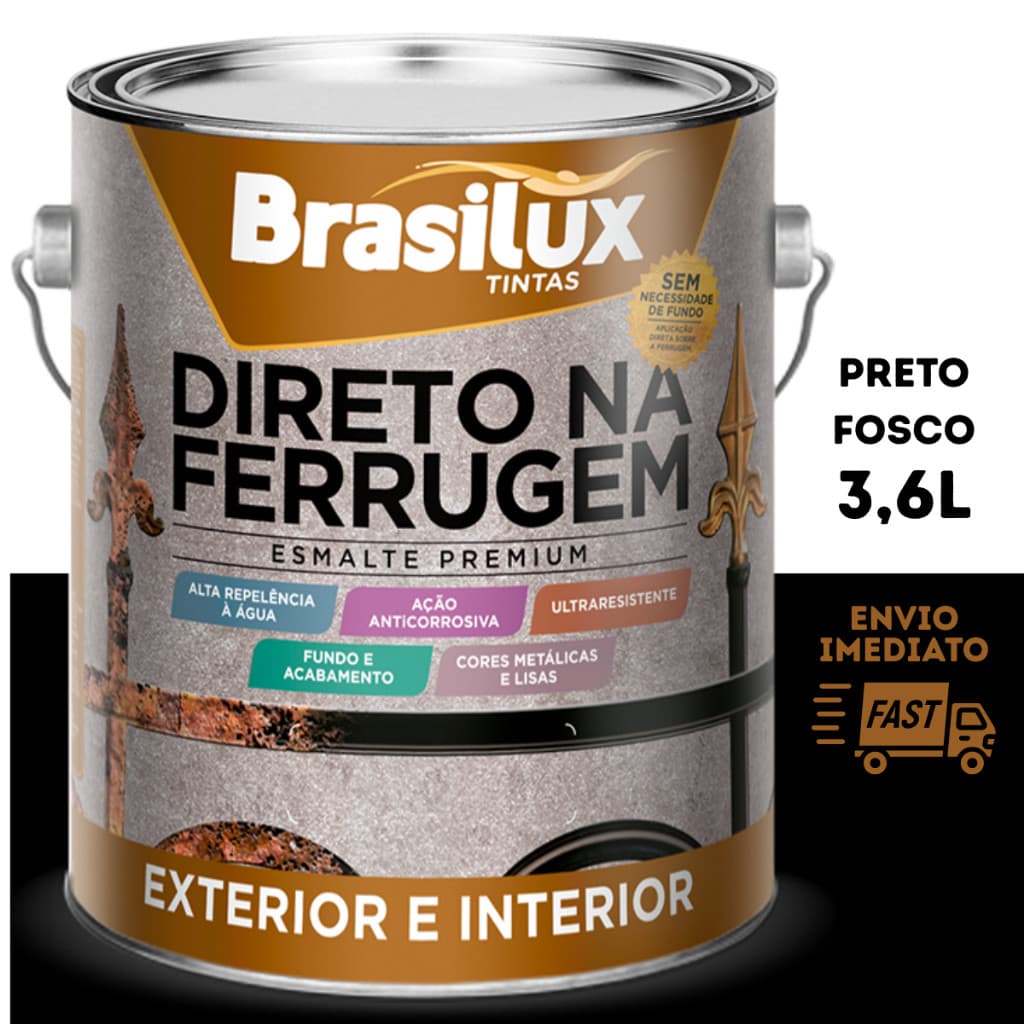 Tinta Direto na Ferrugem Esmalte Sintetico 3,6L Brasilux - Todas as Cores Disponiveis - Cor Preto Fosco