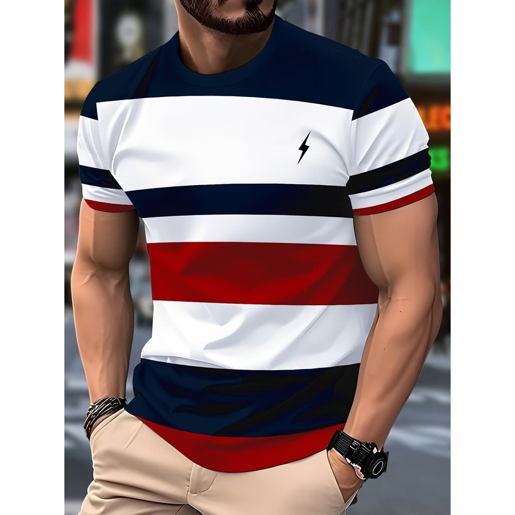 Camiseta Casual Masculina Com Gola Redonda 3D Romance Listrado Manga Curta Topo Relâmpago Logotipo Rua Harajuku Impressã