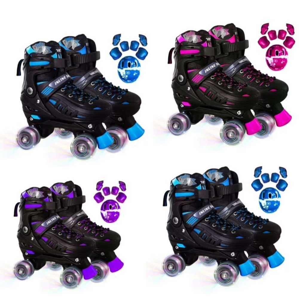 Patins Quad 4 Rodas Juvenil Led Tamanho Ajustável Patinação Com Kit Proteção Lançamento