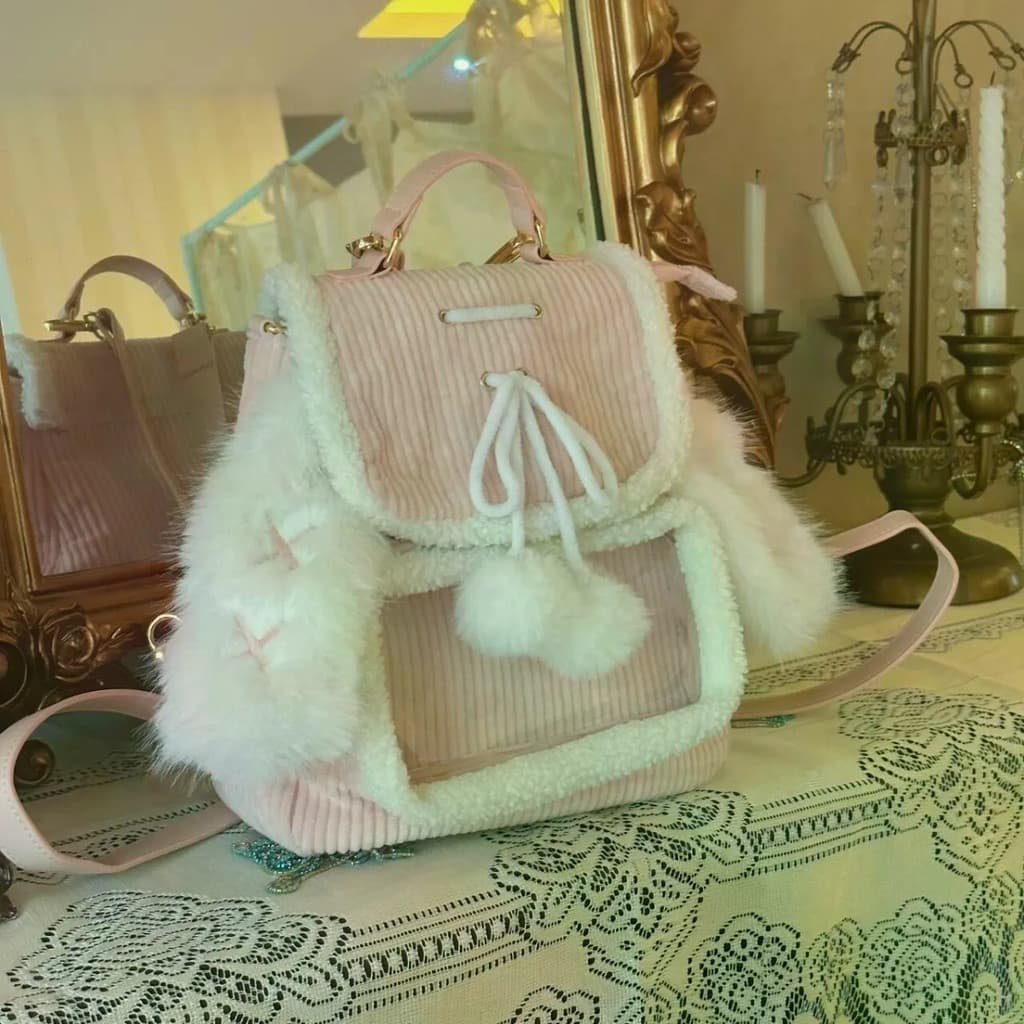 Versátil Orelhas De Coelho Mochila Peluda Outono Inverno Rosa Grande Capacidade Dor