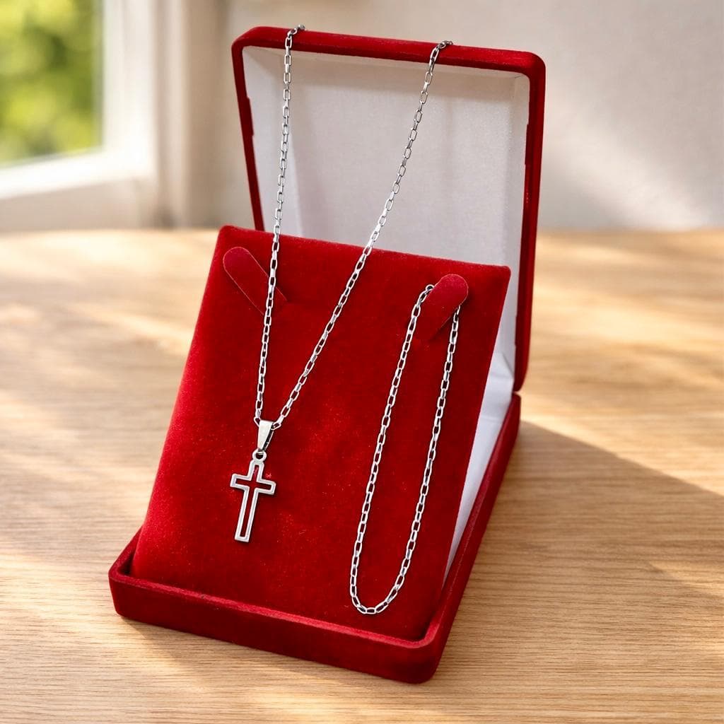 Kit Corrente cordão Colar Tijolinho cor prata 2mm + Pulseira + Pingente Cruz vazada não descasca