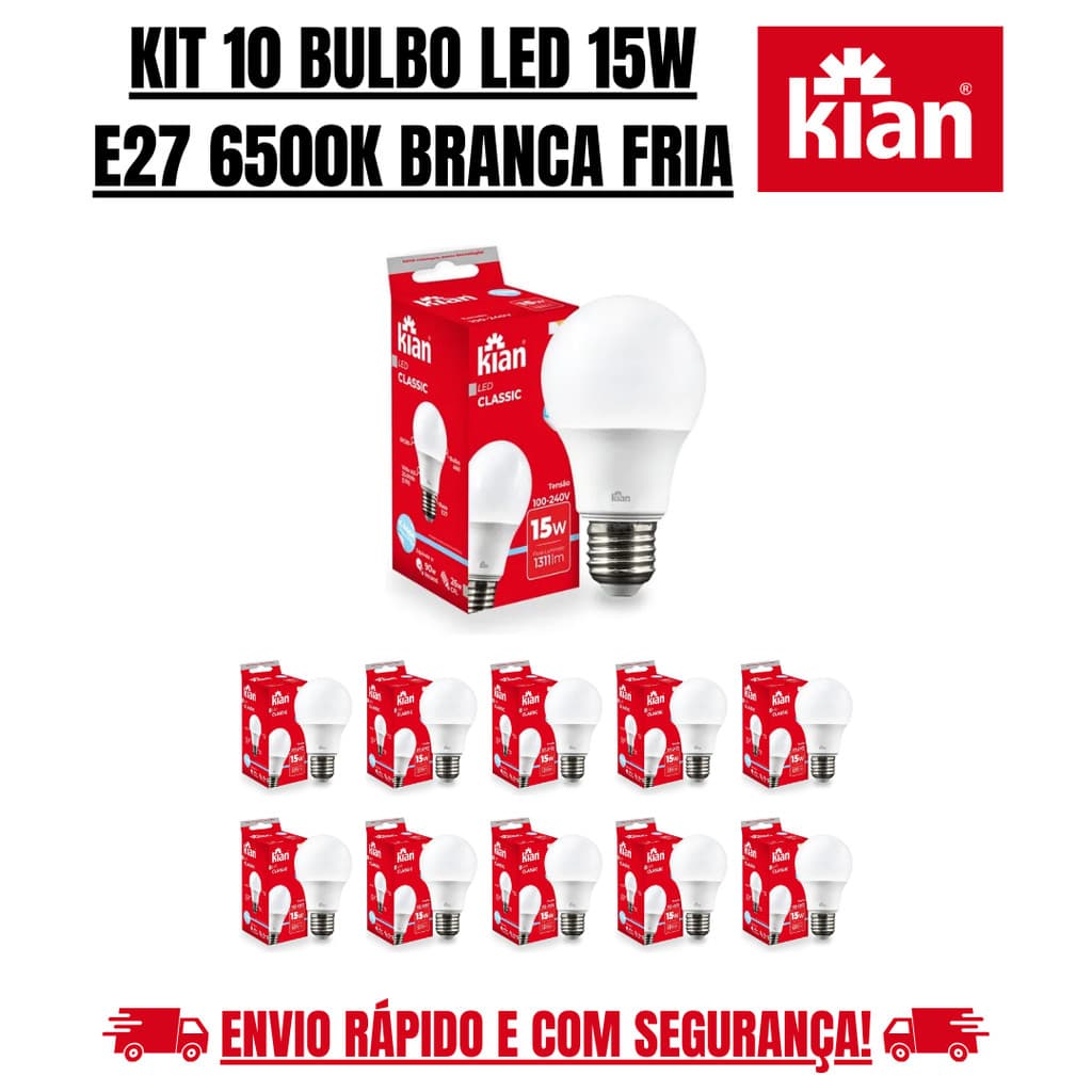 Kit 10 Lâmpada Bulbo Led 15w Branca Fria 6500k E27 Kian