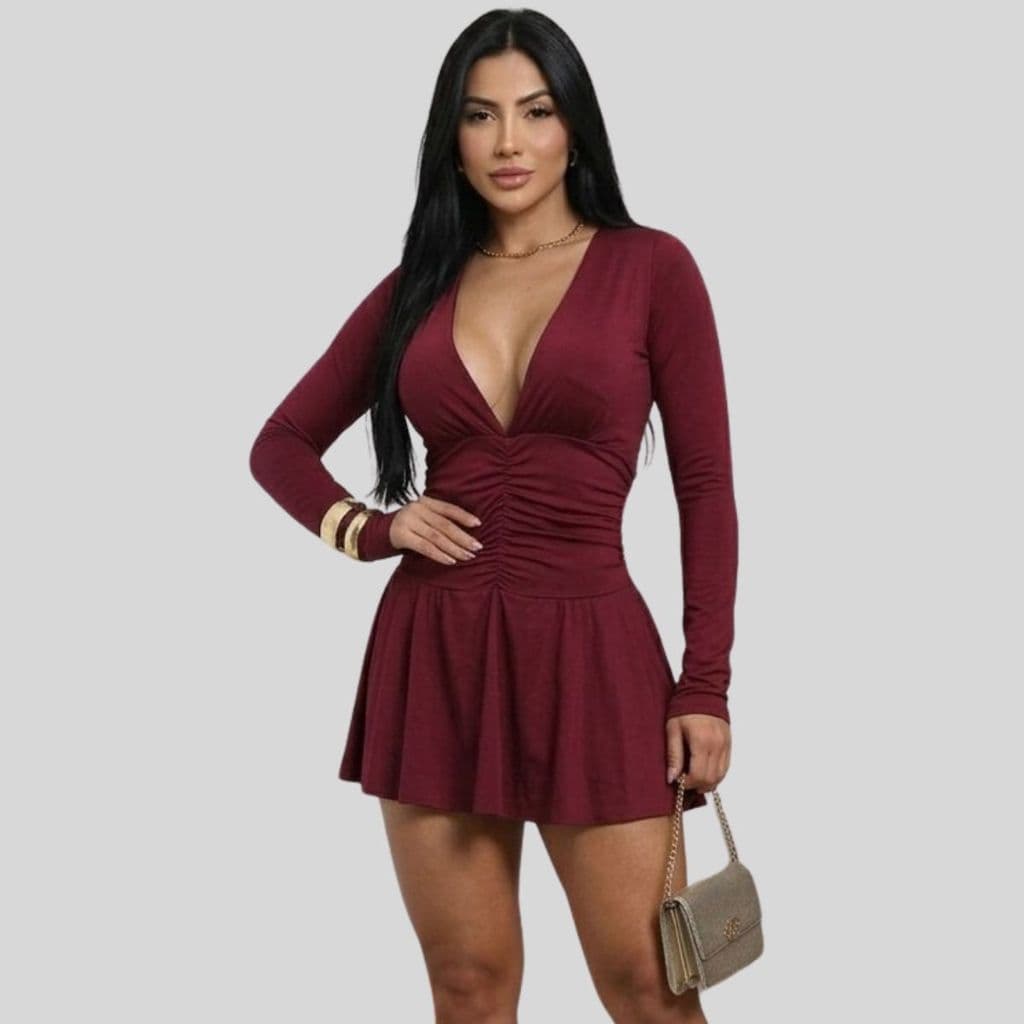 Vestido Curto Feminino Manga Longa Suplex Com Short Embutido Não Transparente Moda Inverno