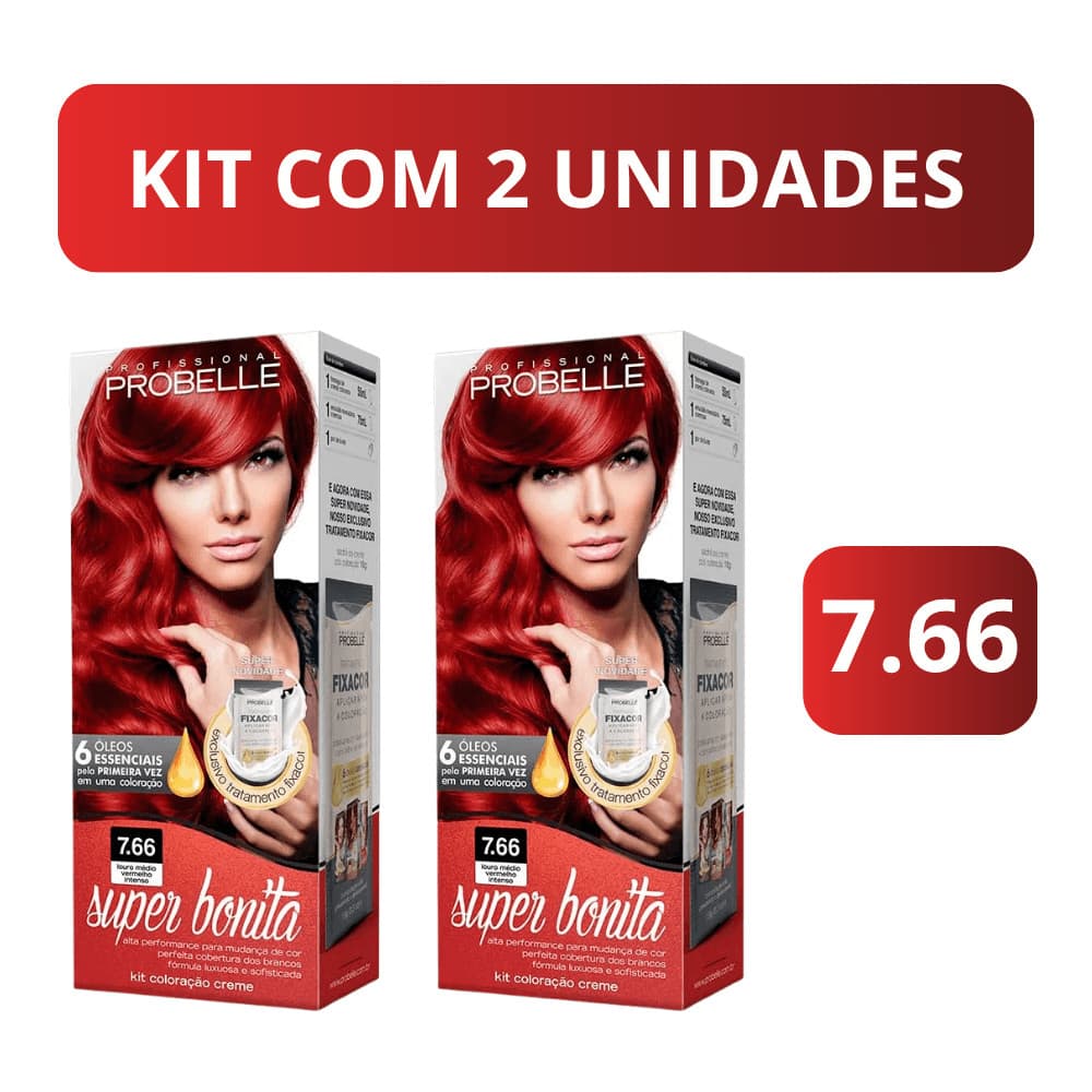 Kit c/2 Tinta de Cabelo Probelle 7.66 Loiro Médio Vermelho Intenso – Cor Vibrante e Brilho Duradouro