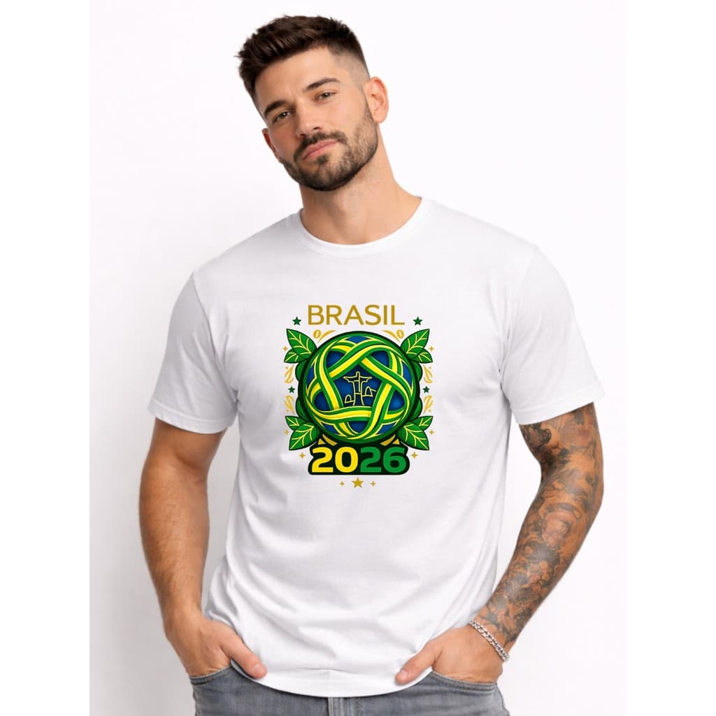 Camiseta Brasil 2026 Unissex 100% Algodão Torcedor Futebol Copa Estampa Brasil Azul Gola Redonda