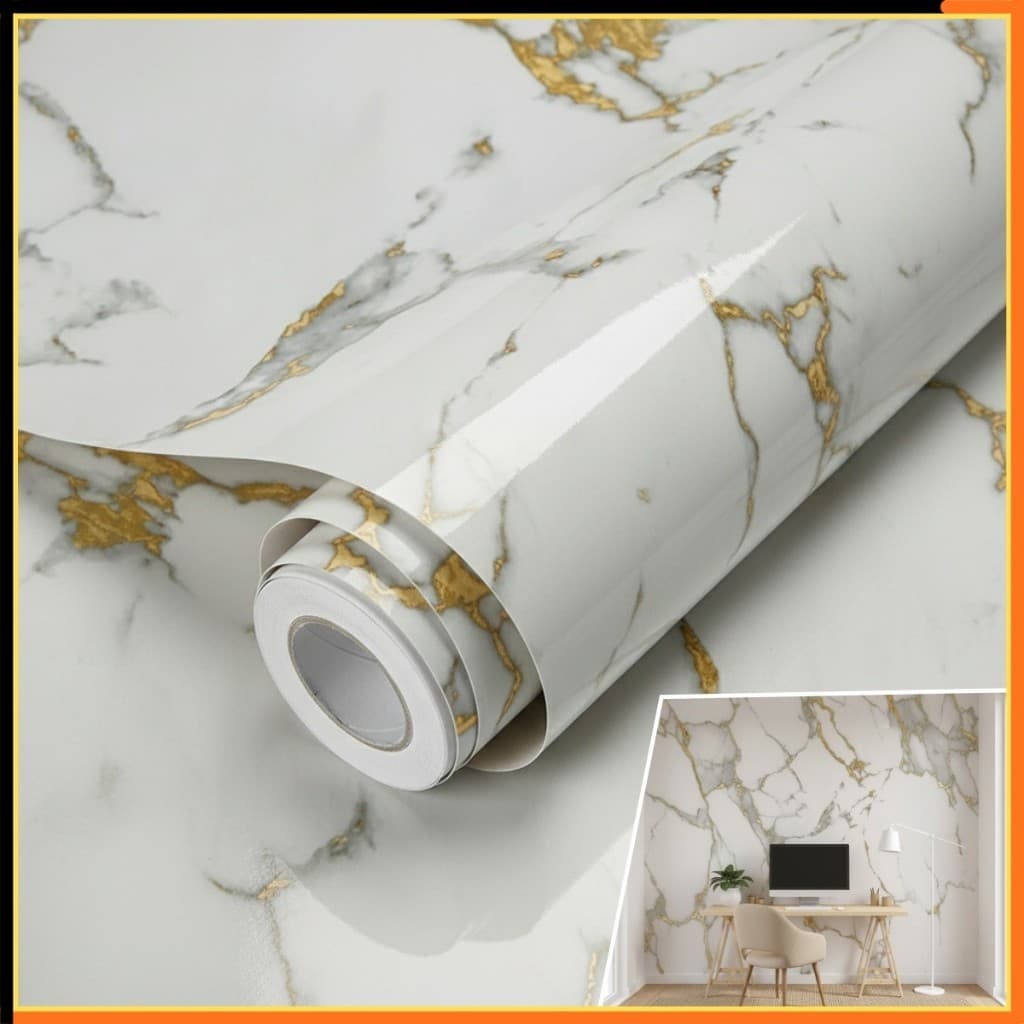 Papel Adesivo 5 Metros x 45cm Mármore Dourado Exclusivo Lavável Quarto, Sala e Cozinha 1/2/3 Peças