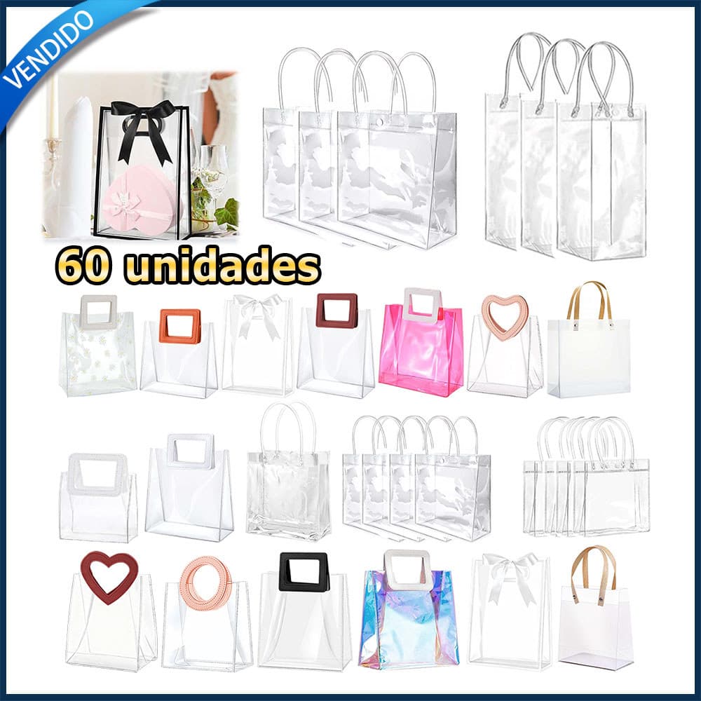 Kit 60 Saco de plástico transparente para presentes lembrancinha de casamento saco de presentes festas quadrado redondo