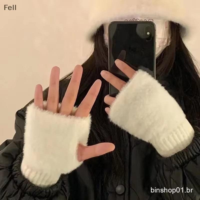 [Fel] Mink Fleece Soft Inverno Calor Luvas De Meio Dedo Para Mulheres Cor Sólida Pelúcia Malha Sem Dedos Pulso Escrita V