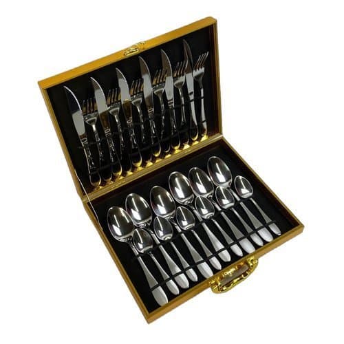 Conjunto Completo Talheres Inox 24 Pecas Acabamento Dourado Maleta Pratica Organizacao