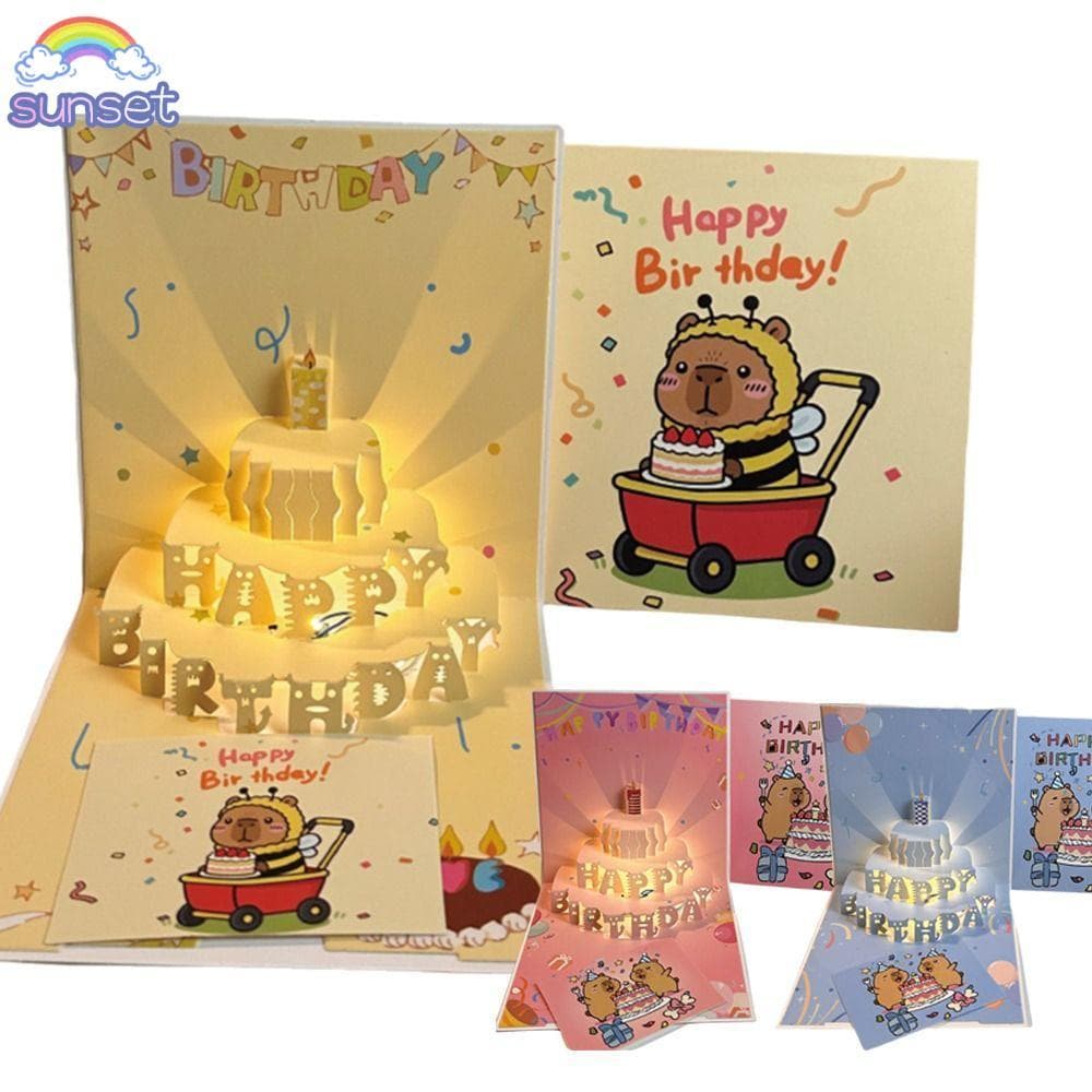 SUNSET Cartão Musical 3D Pop-Up Bolo Luz, Feliz Aniversário com Envelope, Cartão Criativo