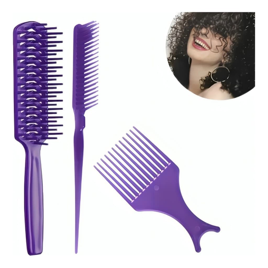 Kit 3 Pentes para Fitagem Cabelos Cacheados Ondulados e Crespos Escova Jacaré Garfo 3 Fileiras